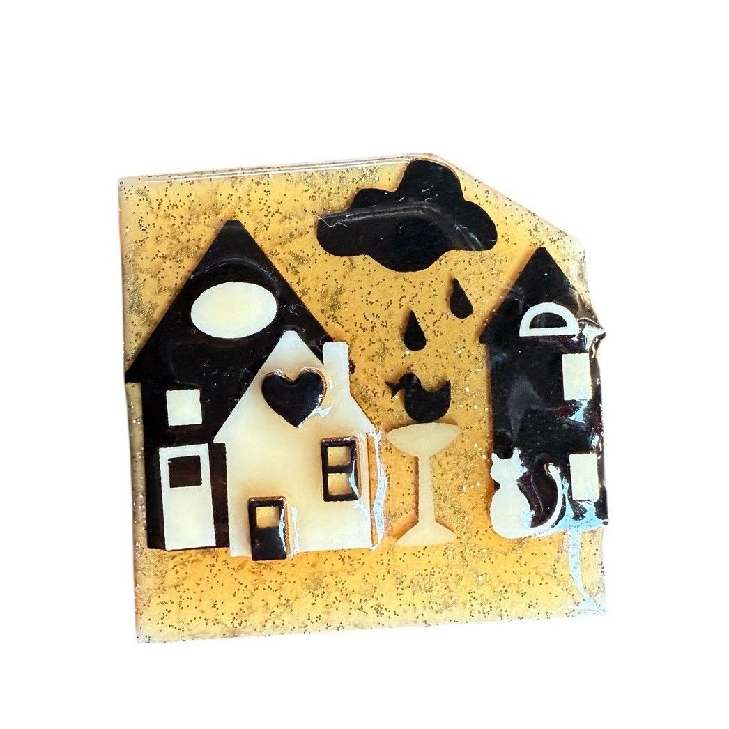 House Pins By Lucinda Brooch Gold Glitter Black Birdbath Raining Duck Halloween 40$